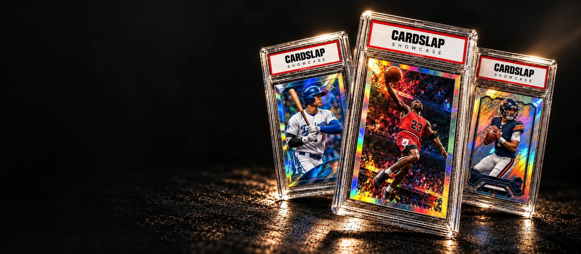 Three showcase sports cards in clear collector slabs, with basketball, baseball and football artwork